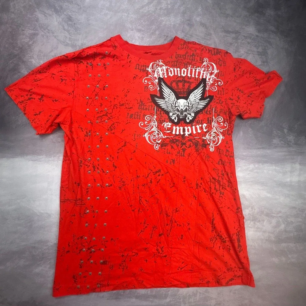 Monolithic Empire Red Graphic Tee Vintage Y2K Skulls Studded Biker Shirt Large